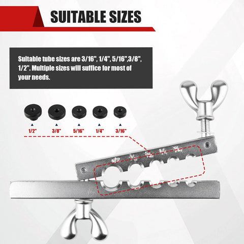 Esakoya brake line flaring tool kit with five adapters and a silver flaring bar with wing-nut clamp