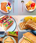Variety of grilled sandwiches cooked with the Durable Aluminum Grilled Sandwich Maker For Stovetop Use, served with fruits and corn.