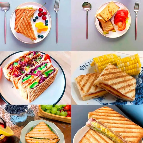 Variety of grilled sandwiches cooked with the Durable Aluminum Grilled Sandwich Maker For Stovetop Use, served with fruits and corn.