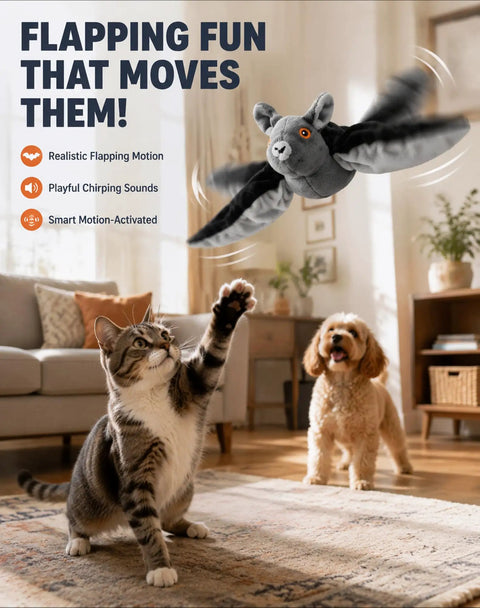 Flying Bat Dog Toy With Motion Activated Rechargeable Power, Interactive Indoor Outdoor Toy For Cats And Dogs With Realistic Flapping Wings And Pet Hair Removal Glove, cat and dog play