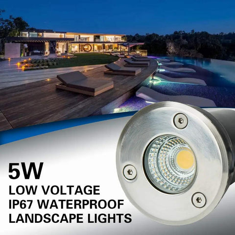 Low Voltage Landscape Lighting 10 Pack 5W COB LED Well Lights In-Ground Outdoor, showing stainless body and IP67 rating.