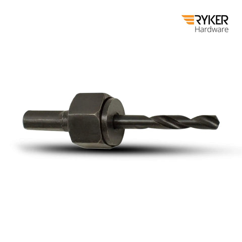 Hole Saw Kit For Wood Durable Carbon Steel With High Precision Cutting Teeth Includes Mandrel Hex Key And Case, close-up of drill mandrel.