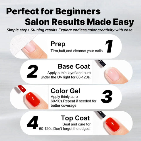 Four-step gel nail application for Six 16ml Gel Nail Polish Set With Milk White Pink Black 9D Cat Eye Glitter LED Soak Off Nail Kit