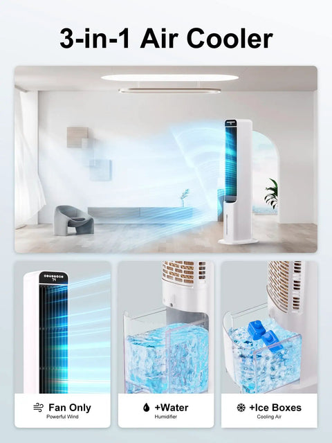3-in-1 air cooler showing fan, humidifier, cooling air; Windowless Portable Evaporative Cooler Tower Fan For Bedroom, 41 Inch.