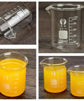 Glass Beaker Set for Lab Work 5 Piece Beaker Kit 100ml with liquid, showcasing clear graduation marks and pouring spout.