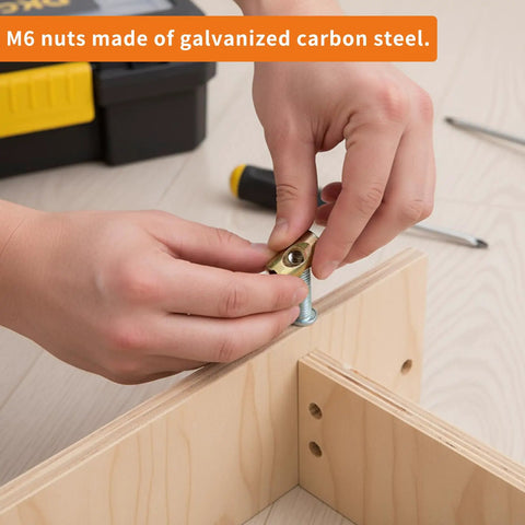 Hand installing Durable M6 Barrel Nut Set With Cross Dowel Joint Nuts For Furniture Repair into wood, tools visible