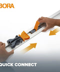 Hands using Turn Your Saw Into A Track Master With This Eight Foot NGX Circular Saw Guide Rail System Featuring Quick Release Connector.