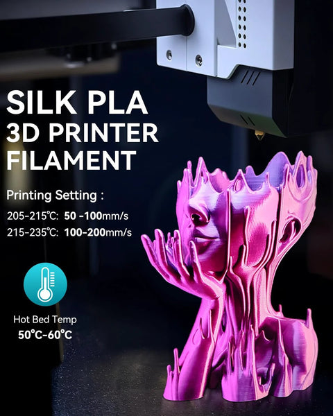 SUNLU silk PLA filament; pink silk sculpture being printed by 3D printer extruder