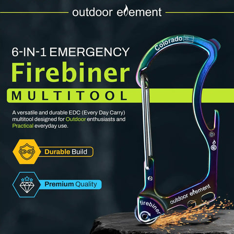 Custom Engraved Firebiner 6 In 1 Fire Starter Carabiner Multitool with utility functions, shown in aurora color.