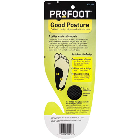 Good Posture Orthotic Insole packaging for Men 8 to 13 with arch support and stabilizing heel cup for comfort and pain relief.