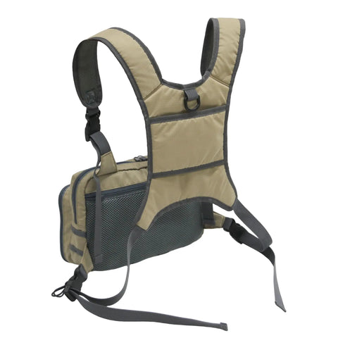 Lightweight Fly Fishing Chest Pack For Men And Women With Tackle Box Storage in durable grey fabric, angled side view