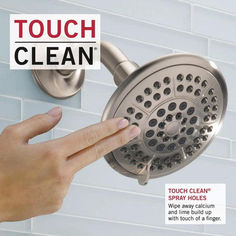 Close-up of hand touching chrome shower head with Touch Clean feature, Linden 14 Series Tub and Shower Trim Kit With 5 Spray Touch Clean Shower Head In Chrome Finish, Requires MultiChoice Universal Valve Separately, Valve Not Included, Easy Temperature Control For A Modern Bath Upgrade.