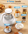 Bottle Warmer With Night Light And Fast Cooling Fan Instant Water Warmer For Bottles Electric Tea Kettle Style Warmer With 6 Temperature Presets on a table next to tea, oats, and coffee.