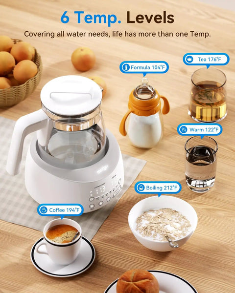Bottle Warmer With Night Light And Fast Cooling Fan Instant Water Warmer For Bottles Electric Tea Kettle Style Warmer With 6 Temperature Presets on a table next to tea, oats, and coffee.