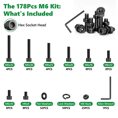 178 Piece M6 12.9 Grade Black Steel Socket Cap Screws Nuts Washers Kit for Heavy Duty Projects, High Torque Fasteners to Prevent Screw Head Strains, All in One Durable Fastener Set for Builders and Gearheads. M6x35 to M6x8 sizes, nuts, washers, Allen wrench