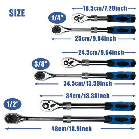 Extendable Ratchet Set Three Piece With One Quarter Inch Drive, Three Eighths Inch Drive, And One Half Inch Drive sizes displayed