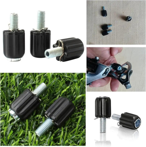 6 Pack M5 Rear Derailleur Barrel Adjusters For Precise Cable Tension shown in use and detail, steel and plastic construction.
