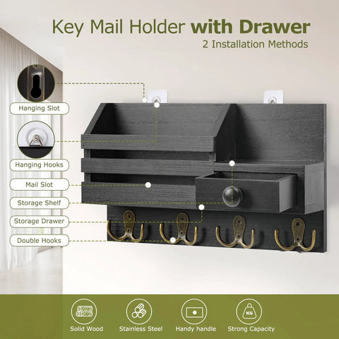 Premium Wooden Key Holder Wall Mount Mail Organizer With No Sweat No Drill Adhesive Mount And Sturdy Triangle Hooks Top Notch Entryway Storage Black