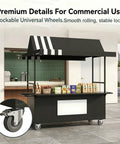 Rock Solid Mobile Vendor Cart With Weather Proof Canopy, Heavy Duty Iron Frame Street Food Stall for city markets showing lockable wheels.