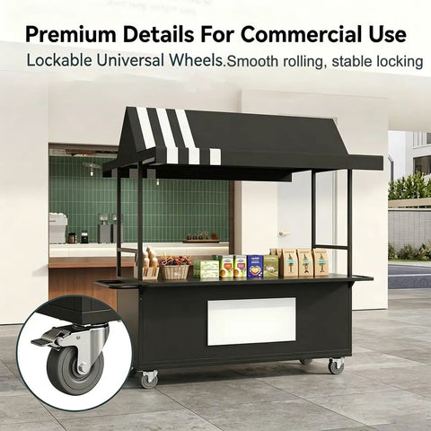 Rock Solid Mobile Vendor Cart With Weather Proof Canopy, Heavy Duty Iron Frame Street Food Stall for city markets showing lockable wheels.