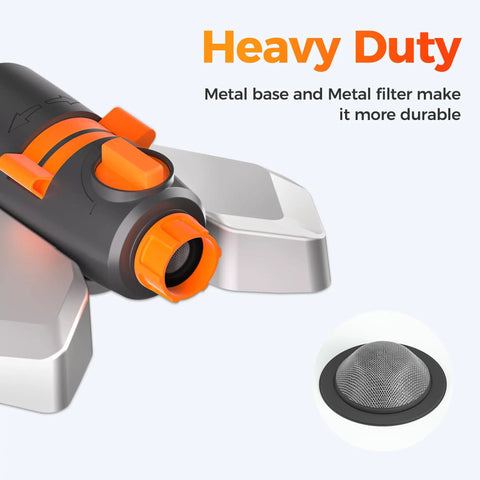 Close-up of Turbo Oscillating Water Sprinkler With 17 Nozzles For Up To 3800 Sq Ft highlighting metal base and built-in filter.