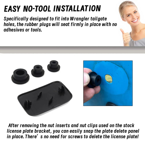Solid Set Of Three Durable Rubber Tailgate Plugs And One Rear License Plate Mount Built For Jeep Wrangler shown with easy no-tool installation.