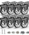 Beefy 4 Inch Heavy Duty Caster Wheels Set Of Eight With Rock Solid Swivel Locking Foot Pedals and smooth gliding design displayed in pack.