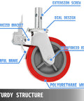 Beefy Heavy Duty Scaffolding Wheels Set Of 4 8 Inch Red Polyurethane Casters With Brakes Locking Stem 3200 Lbs Per Set Replacement For Scaffold Shelves And Workbench, showing a single caster with labeled parts