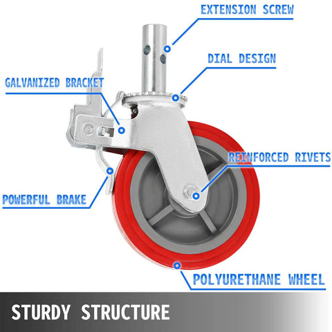 Beefy Heavy Duty Scaffolding Wheels Set Of 4 8 Inch Red Polyurethane Casters With Brakes Locking Stem 3200 Lbs Per Set Replacement For Scaffold Shelves And Workbench, showing a single caster with labeled parts
