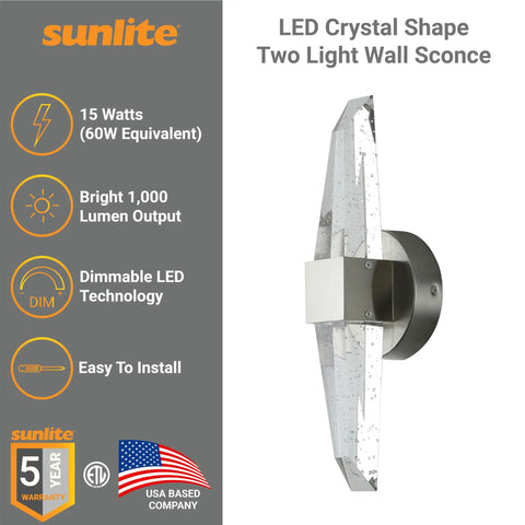 12-Inch LED Crystal Shape Two-Light Wall Sconce With Dimmable Warm White Glow, 1000 Lumens, 15 Watts, 3000K, ETL Listed