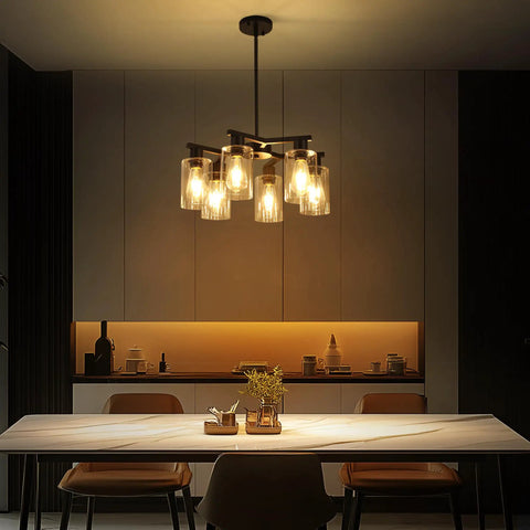 Six Light Matte Black Modern Farmhouse Chandelier With Clear Glass Shades Adjustable Hanging Industrial Pendant Lighting over dining table