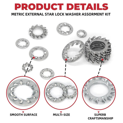 External And Internal Serrated Lock Washer Set M3 M4 M5 M6 M8 2000 1000 Pcs Assortment with various washer sizes displayed