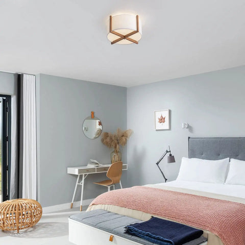 Bedroom with semi flush mount ceiling light fixture with wood and off white fabric drum shade modern chandelier 4 light