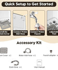 No Sweat 28 Lb Fully Automatic Portable Washing Machine setup guide showing bottom cover, hoses, and faucet connection setup.