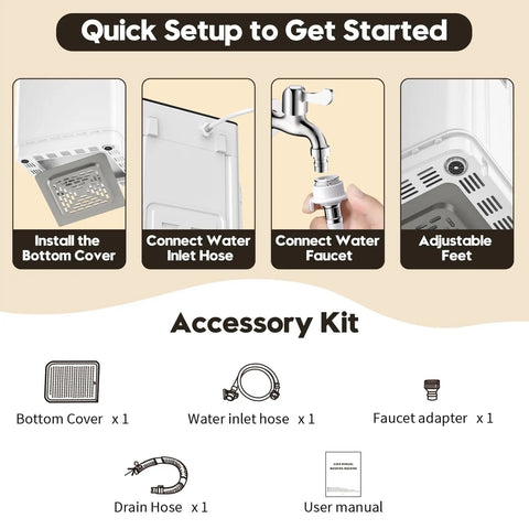 No Sweat 28 Lb Fully Automatic Portable Washing Machine setup guide showing bottom cover, hoses, and faucet connection setup.
