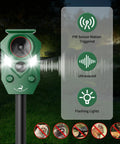 Motion Activated Solar Ultrasonic Animal Repeller With LED Flashing Lights For Yard And Garden displaying features and icons