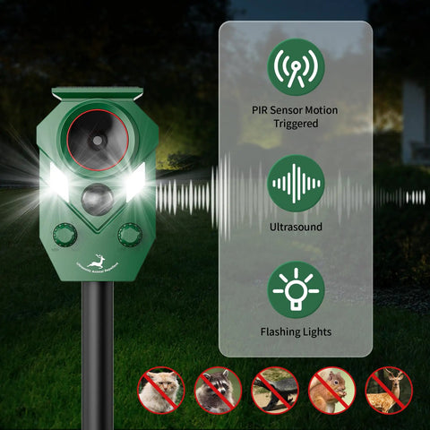 Motion Activated Solar Ultrasonic Animal Repeller With LED Flashing Lights For Yard And Garden displaying features and icons