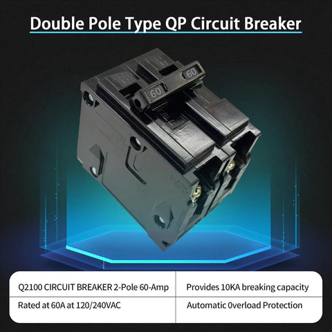 Heavy Duty 60 Amp Double Pole Circuit Breaker Featuring Top Shelf Rock Solid 10Ka Tripping Action And Slick Thermal Magnetic Safety Tech Tailored For Seamless Drop Into Siemens Pl Es Load Centers Up To 240v Ac, black design, front view.