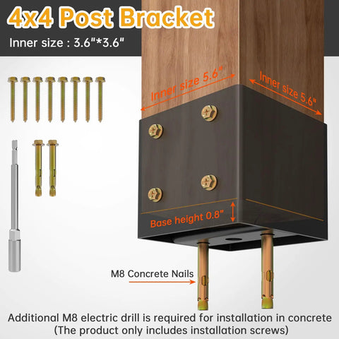 Installation diagram of Thickened 4x4 Post Base For Concrete With Hidden Anchor And Raised Base Design, bolts and drill needed.