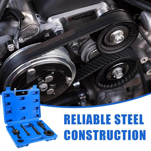 Heavy Duty Power Steering Pump Pulley Removal Tool Set Built Like A Tank To Crush Stubborn Rust Fast Premium Carbon Steel Heat Treated Anti Rust Pro Gear with blue case and steel components.