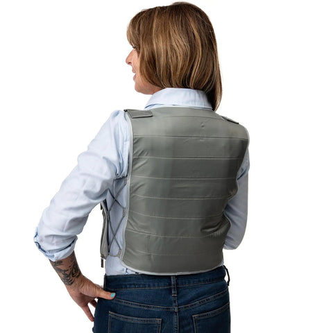 Person wearing the Ice Vest Cooling System With 96 Pure Water Ice Cubes For Outdoor Workouts And Crazy Hot Days, back view.