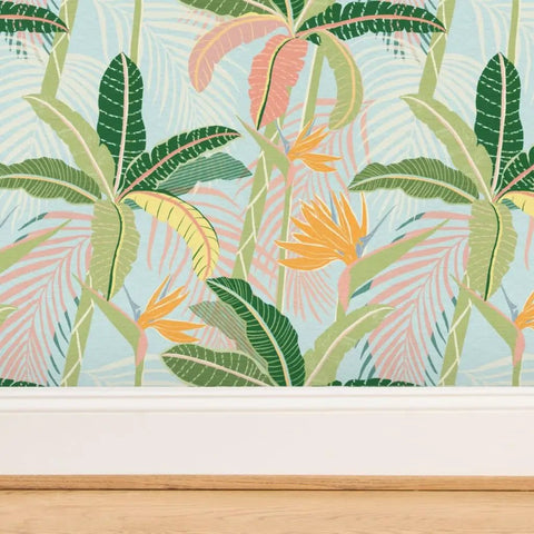 Tropical Botanical Vinyl Wallpaper Featuring Subtle Leather Texture Built Different Heavy Duty Commercial Grade Finish Custom Printed Paste Required with vibrant green leaves and tropical flowers.