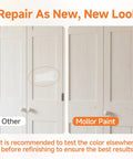 Comparison of door repaired with Wood Touch Up Paint 1.5 Oz Quick Dry White For Furniture Repair Easy Diy Fix For Scratches Chips And Spots On Cabinets Doors Tables Kitchens And Dressers With Built In Brush, showing a smooth finish.