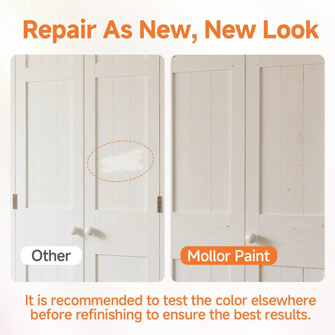 Comparison of door repaired with Wood Touch Up Paint 1.5 Oz Quick Dry White For Furniture Repair Easy Diy Fix For Scratches Chips And Spots On Cabinets Doors Tables Kitchens And Dressers With Built In Brush, showing a smooth finish.
