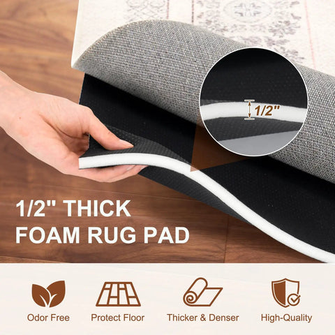 Half Inch Thick Non Slip Rug Pad For 9 By 12 Ft Rugs Under Rug Mat With Cushioned Grip shown on hardwood floor