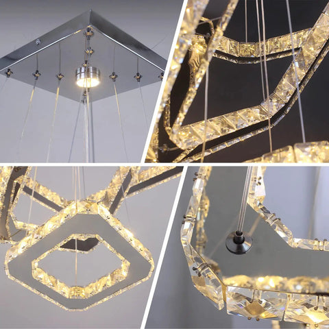 Dope Modern Crystal Chandelier LED Ceiling Light With Square Three Ring Design Height Adjustable 47W K9 Crystals