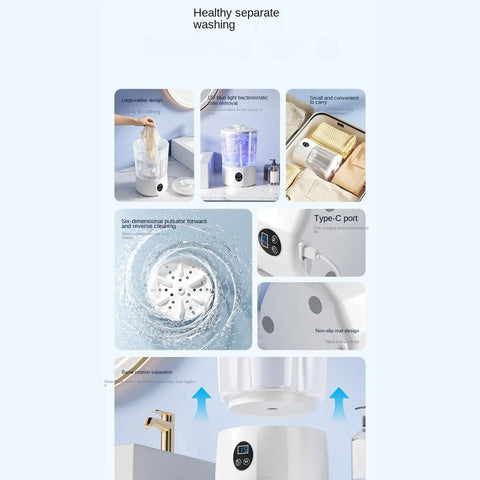 Portable Mini Sock Washing Machine Cordless Rechargeable Battery Power No Sweat Quick Clean Spot-On Stain Removal with UV light feature.