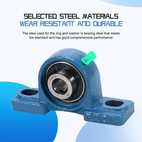 Heavy Duty Pillow Block Bearing Five Eighth Inch Bore Mounted With Cast Iron Base Self Aligning Chrome Bearings 2 Pack Built To Last Easy Install Durable No Fuss Mounting For Industrial Machinery blue cast iron pillow block bearing with 5/8 bore and grease fitting