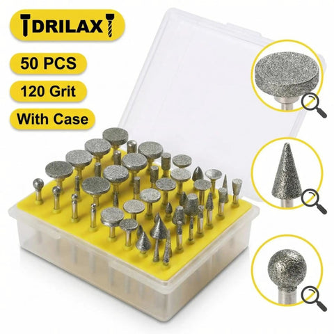 50 Piece Diamond Rotary Tool Bits Set Pro Grade DIY Friendly With 120 Grit Burrs For Carving Engraving Grinding And Polishing, One Eighth Inch Shank, Dremel Compatible, Ideal For Stone Rock Glass Ceramic Projects