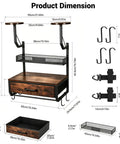 Dimensions of Heavy Duty Wall Mounted Helmet Rack With 4 Hanging Hooks, Drawer And Mesh Basket, All In One Gear Organizer.